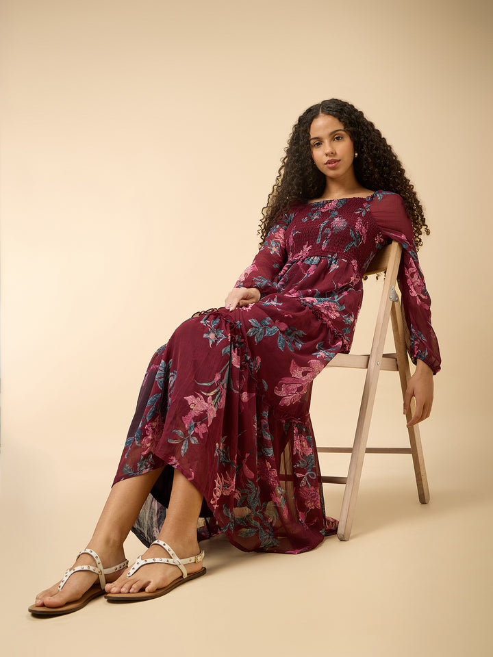 Maroon Full Sleeve Fit & Flare Dress