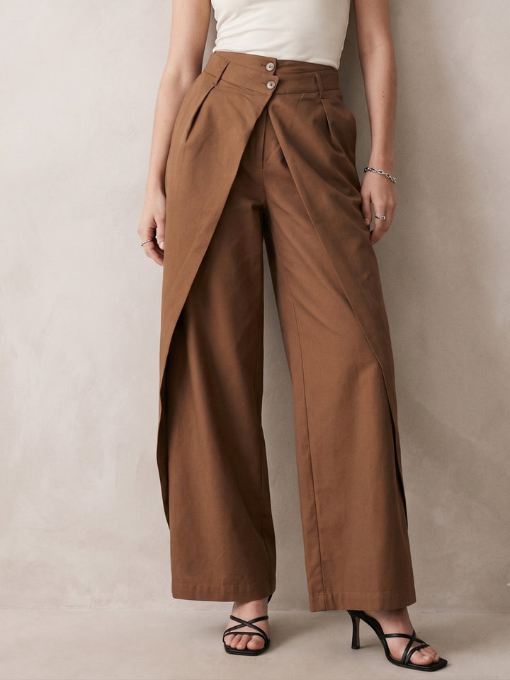 Brown Highwaist Buttoned Wide Leg Pleated Trouser