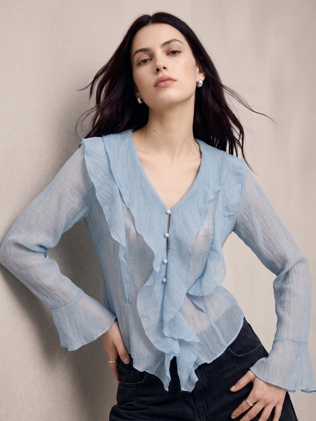 Light Blue Button Down Detailed Blouse With Ruffles