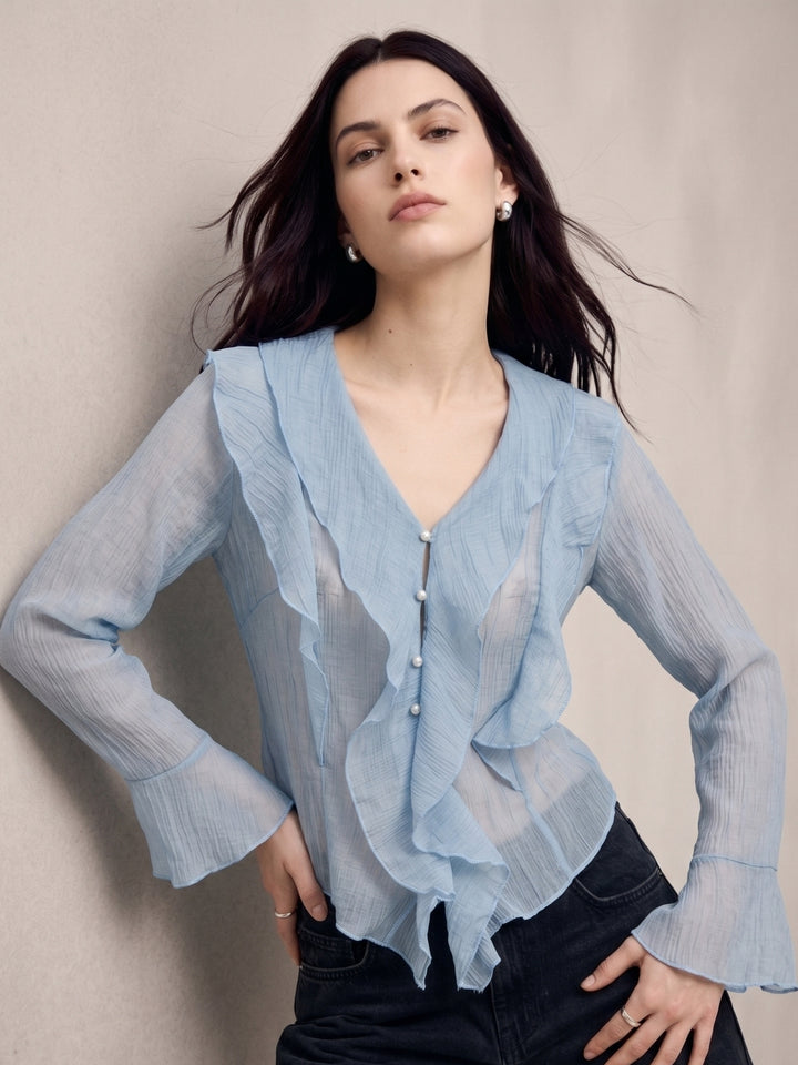 Light Blue Button Down Detailed Blouse With Ruffles