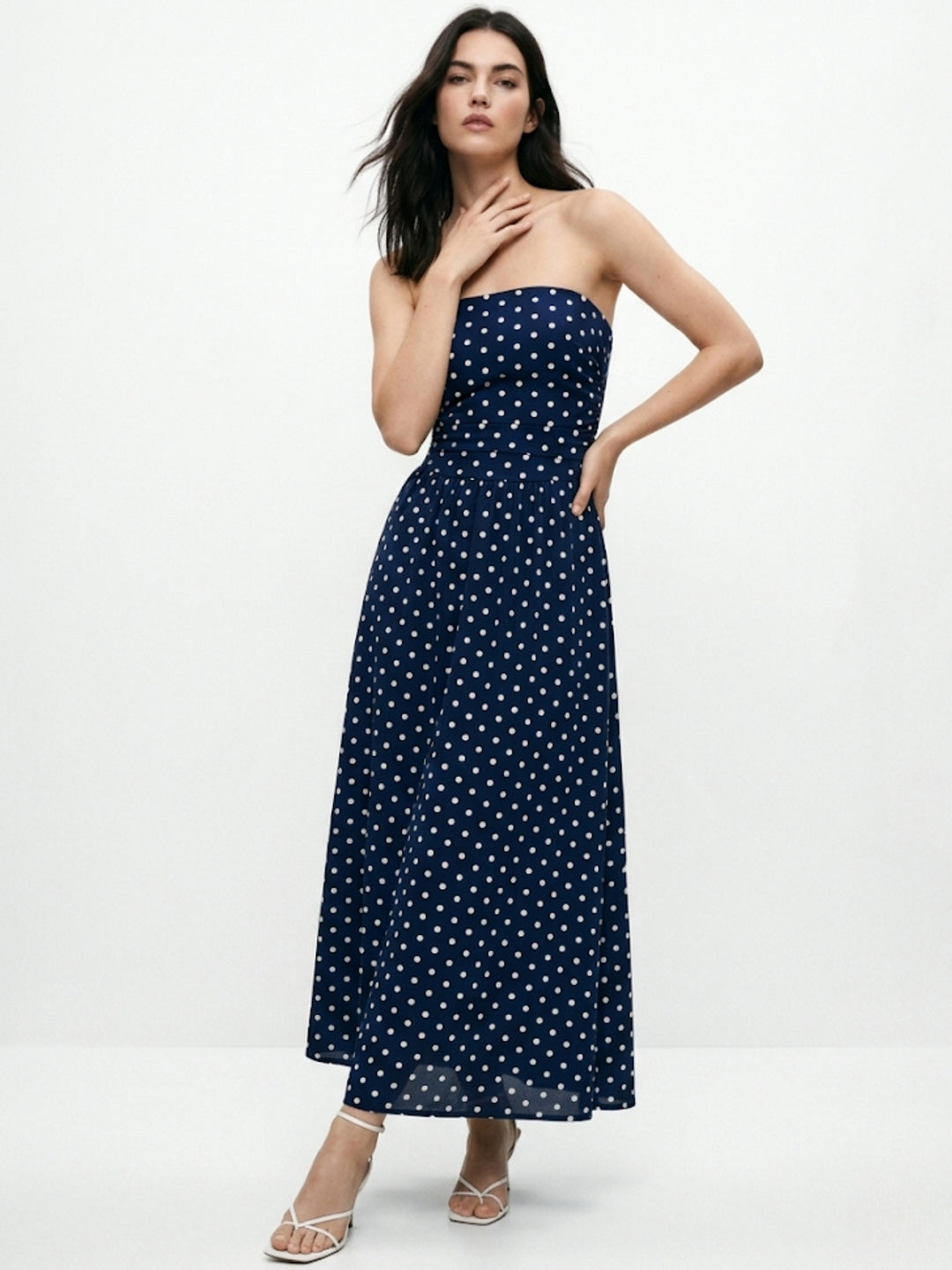 Navy Blue Tube Polka Printed Dress