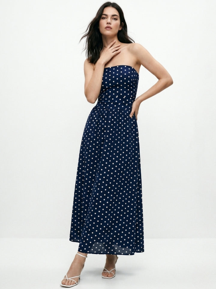 Navy Blue Tube Polka Printed Dress