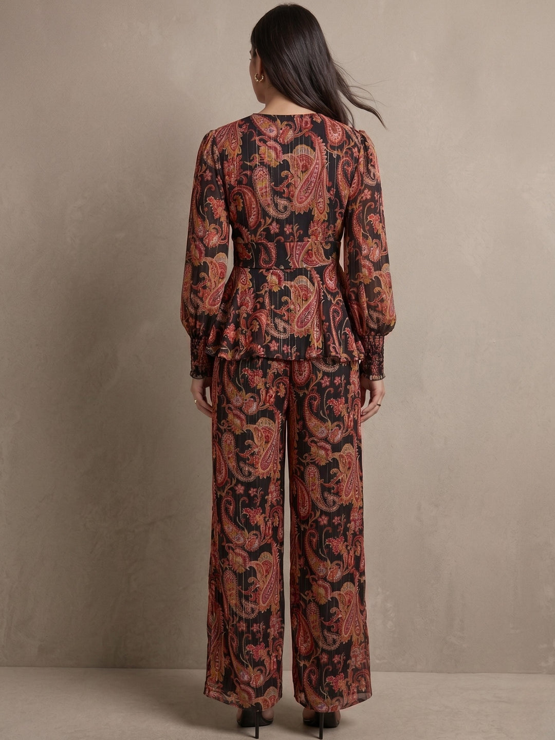 Brown Balloon Sleeve Peplum Top Coord Set With Wide Leg Trouser
