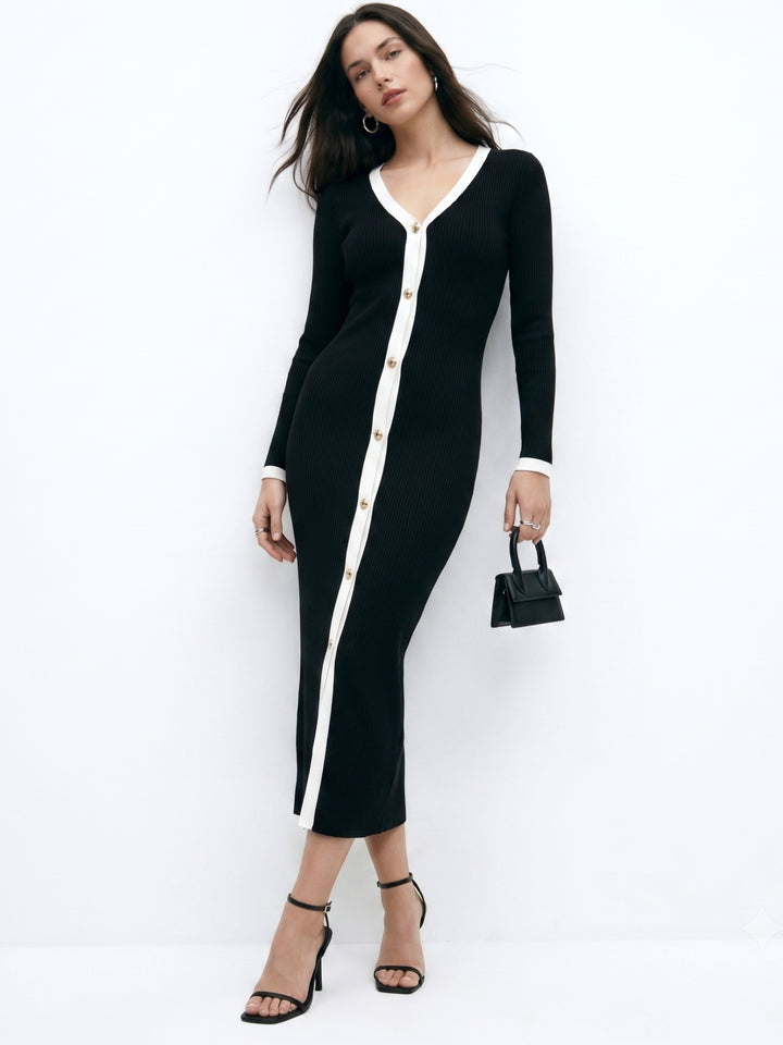 Black Contrast Placket Button Down Dress