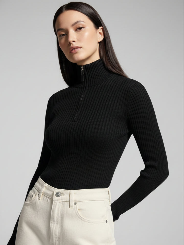 Black Full Sleeve Half Zipped Sweatshirt