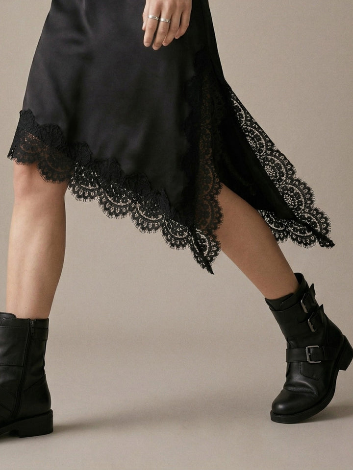 Black Asymmetric Hem Skirt With Lace Inserts