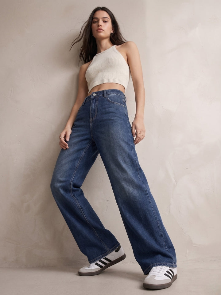 Navy Blue Solid Wide Leg Jeans