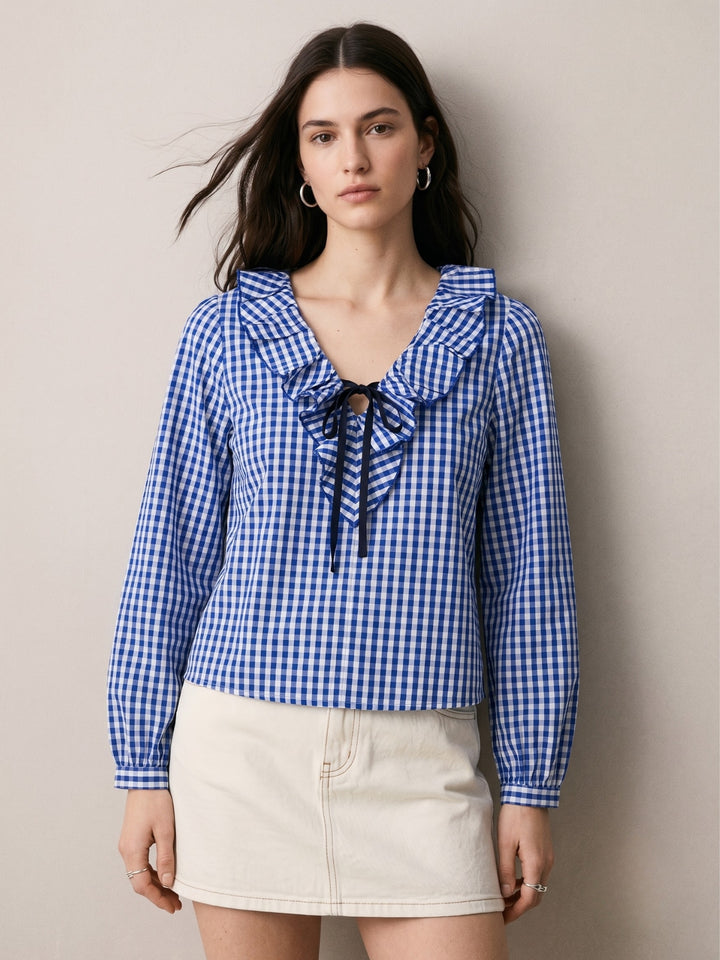 Blue Ruffle Neckline Checkered Top