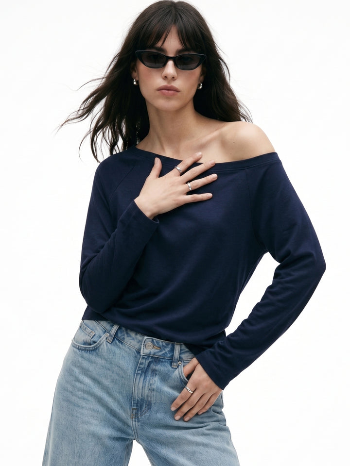 Navy Blue Broad Shoulder Full Sleeves Top