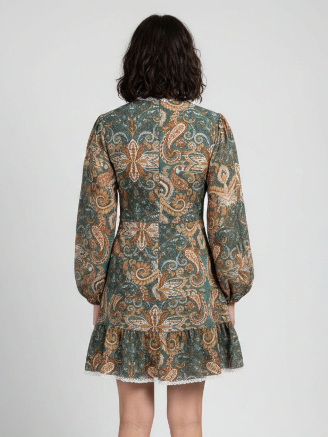 Green Printed Rayon Crinkled Blouse with lace detail