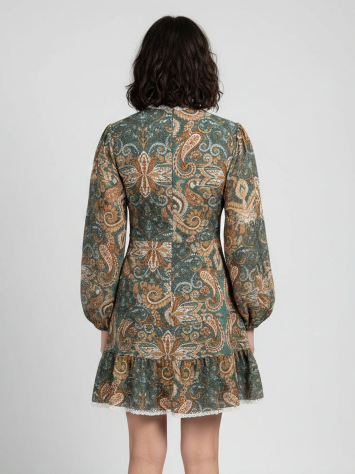 Green Printed Rayon Crinkled Blouse with lace detail