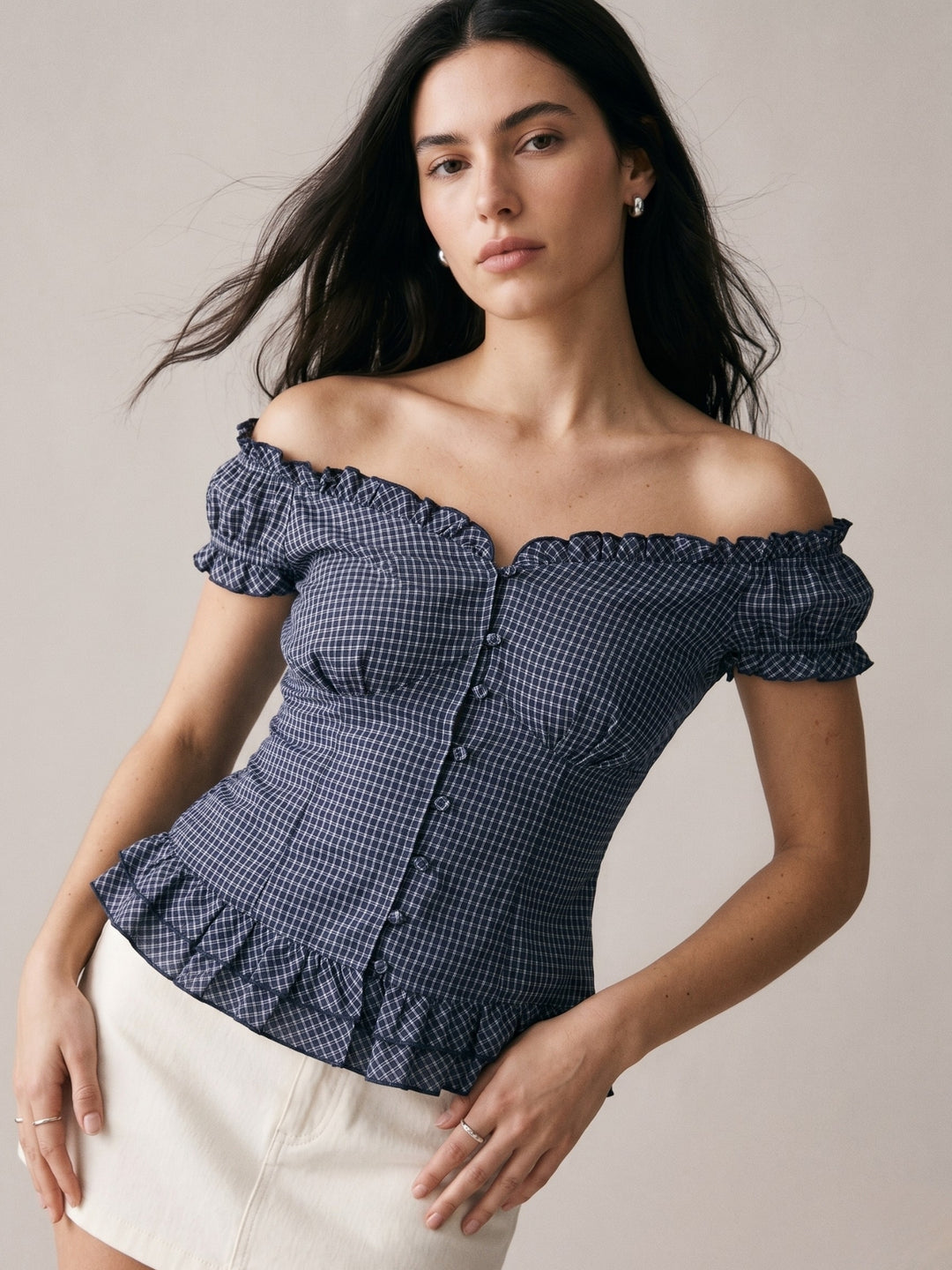 Blue Off Shoulder Fitted Blouse With Frill Details