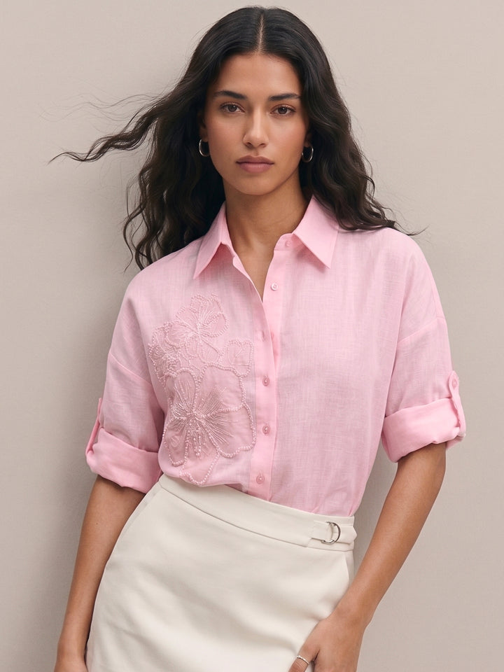 Light Pink Floral Embroidered Applique Shirt