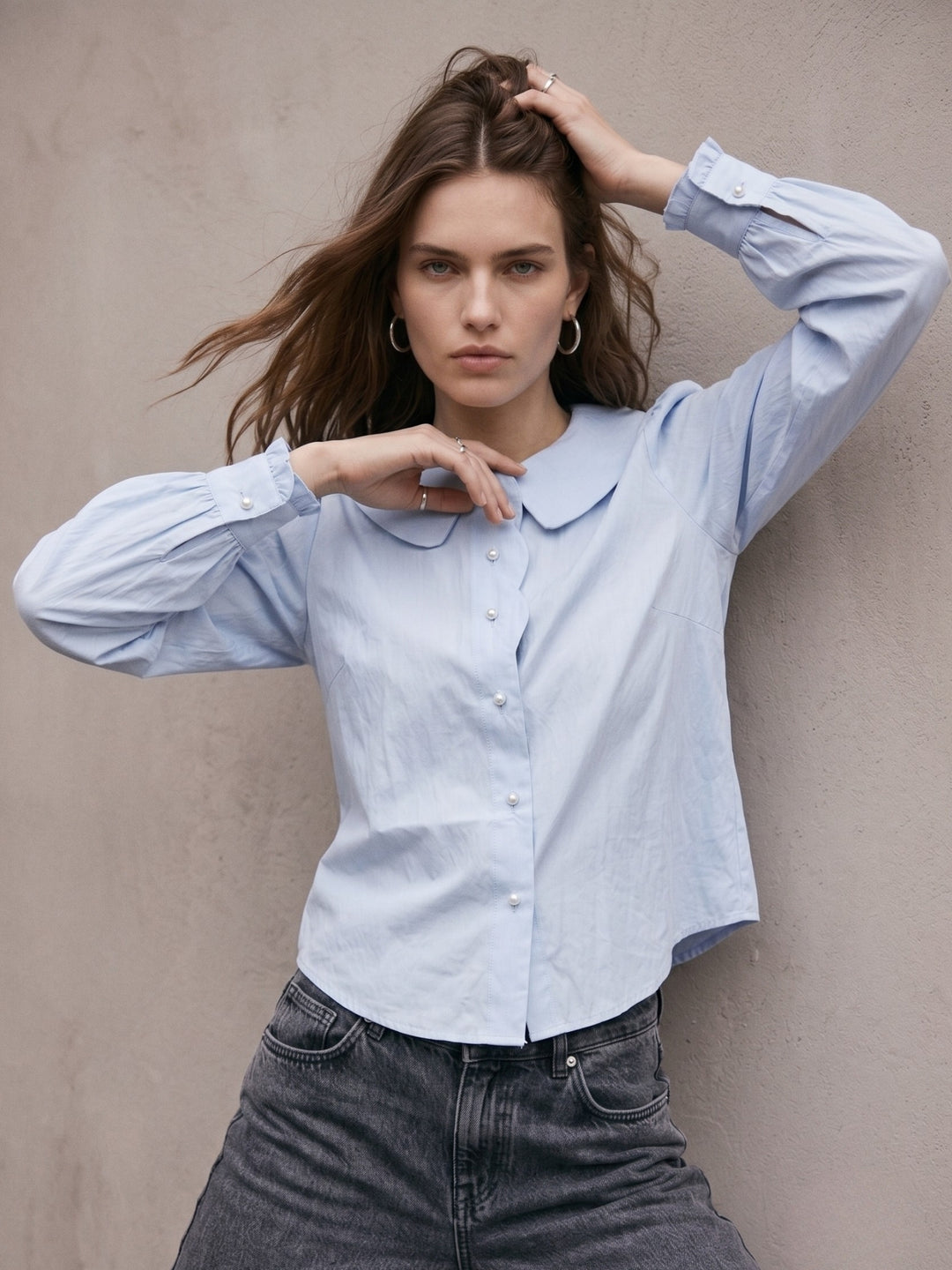 Blue Scallop Placket Peter Pan Shirt