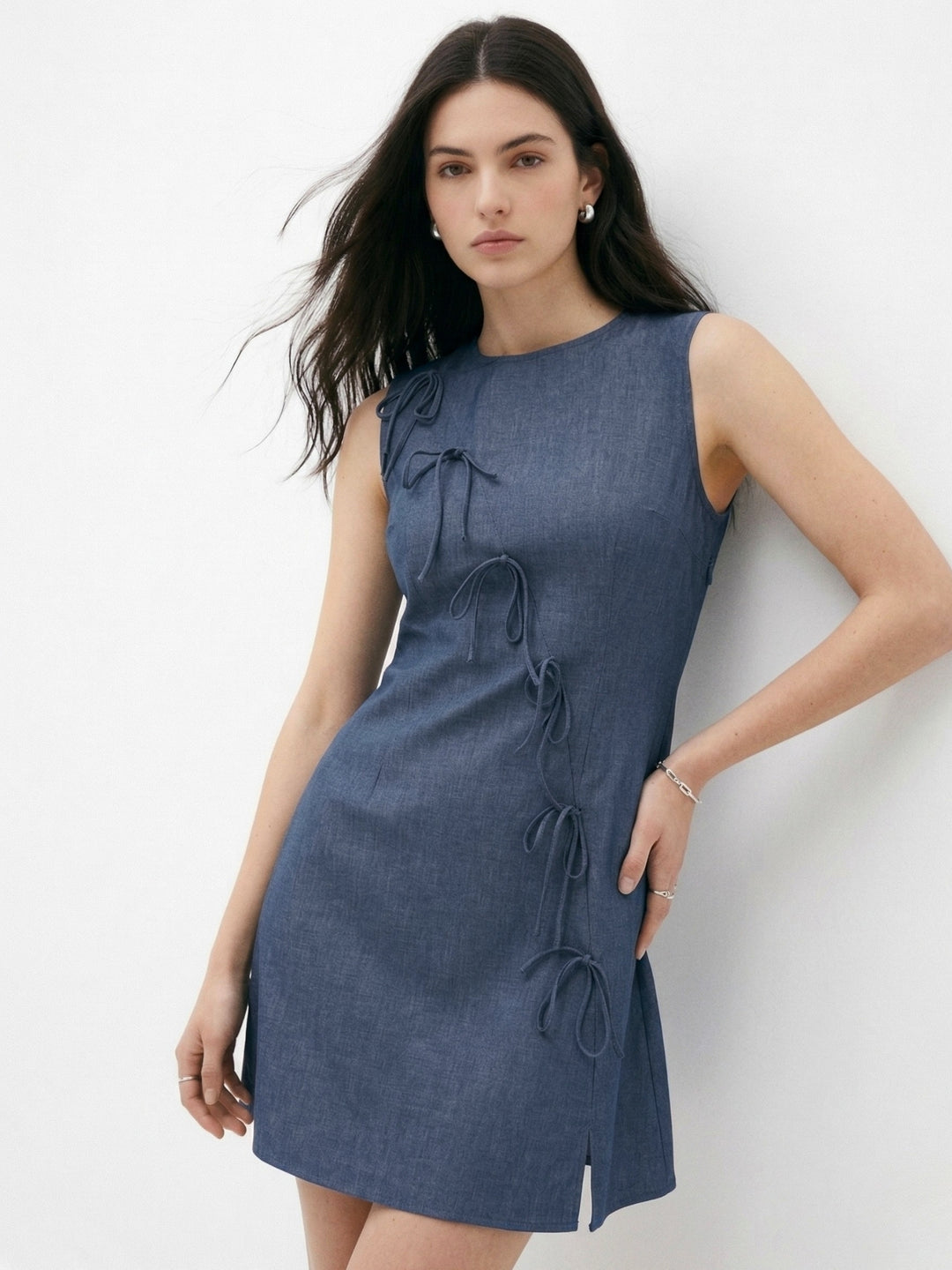 Blue Mini Sleeveless Dress With Slit And Bow Detail