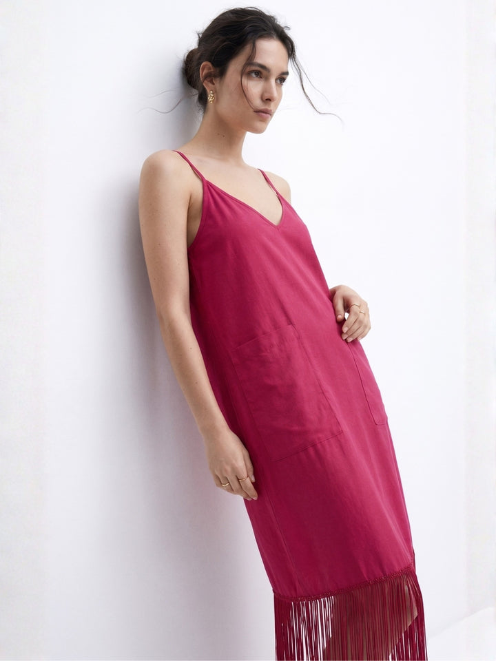 Red Strappy V Neck Dress With Fringe Details And Pockets