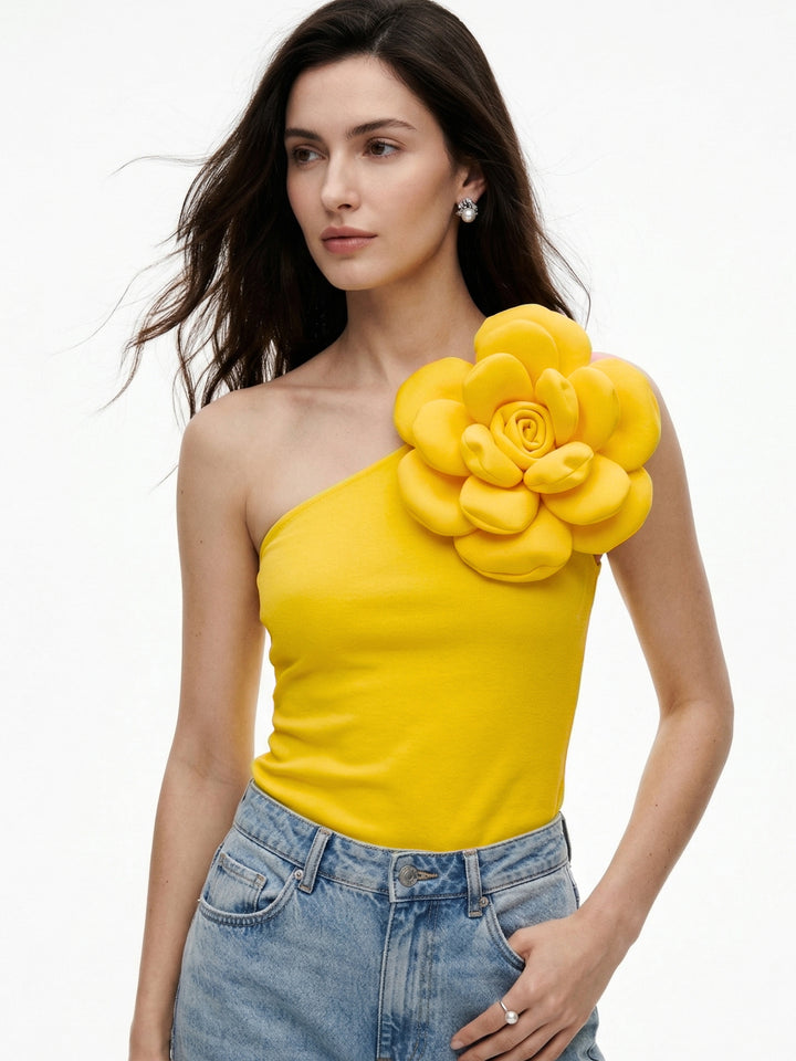 Yellow One Shoulder Flower Attached Top