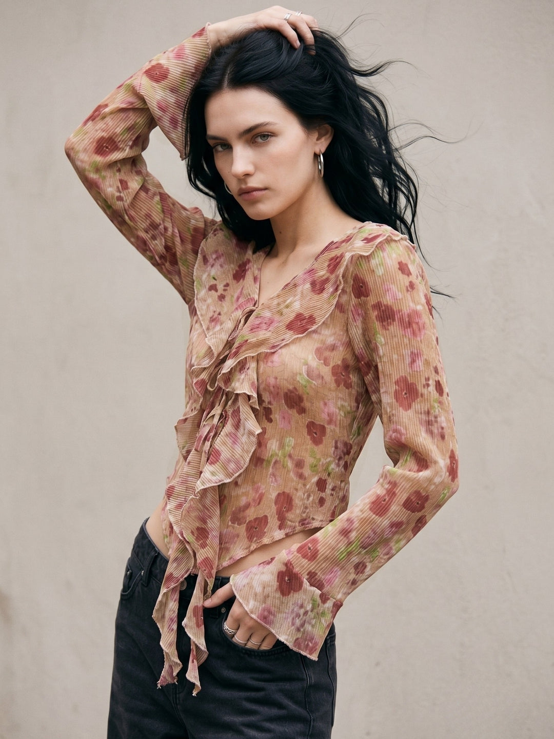 Multi V Neck Printed Blouse With Ruffles