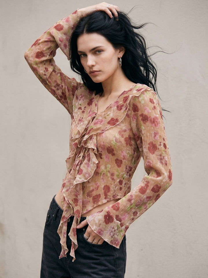 Multi V Neck Printed Blouse With Ruffles
