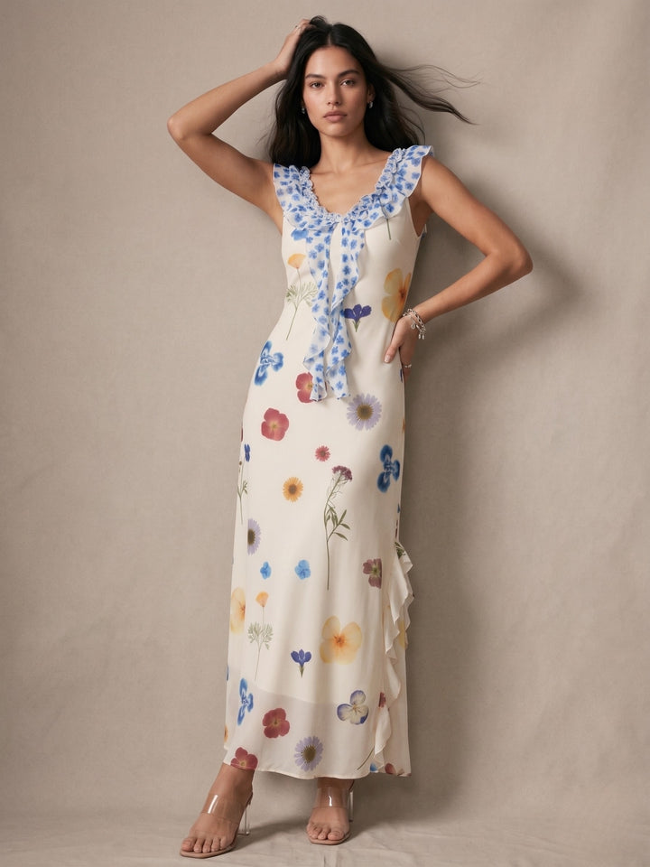White Ruffle Detail Printed Maxi Dress