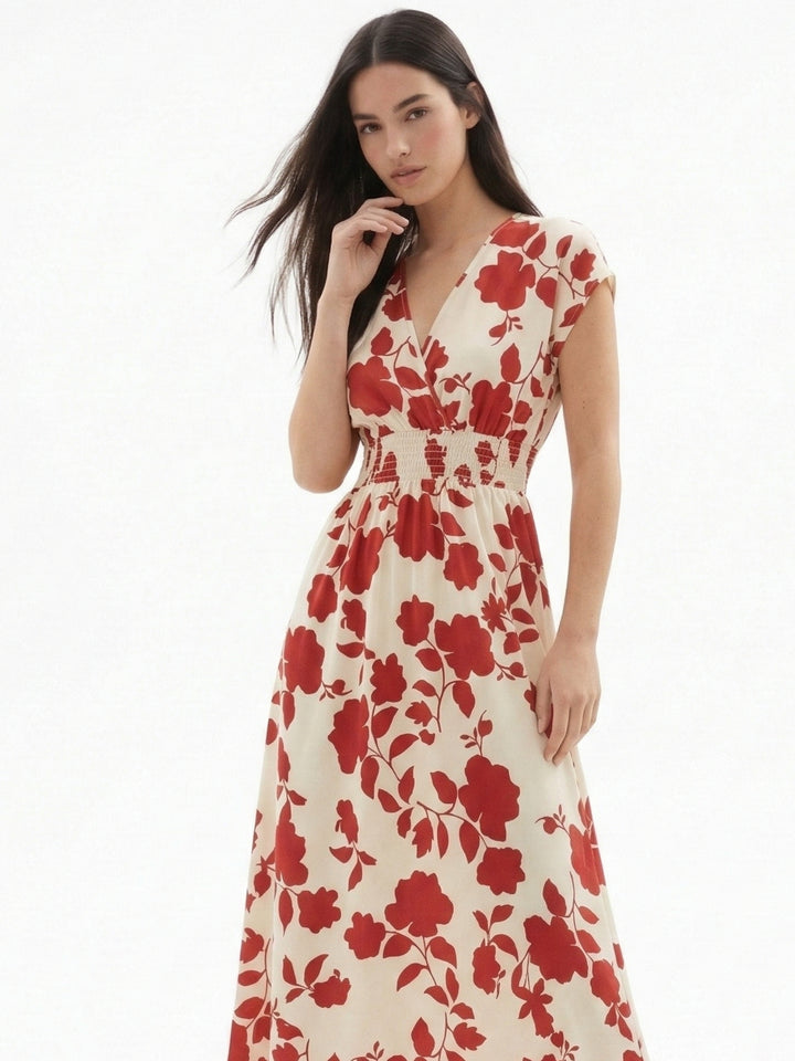 Cream Short Sleeve V Neck Floral Dress