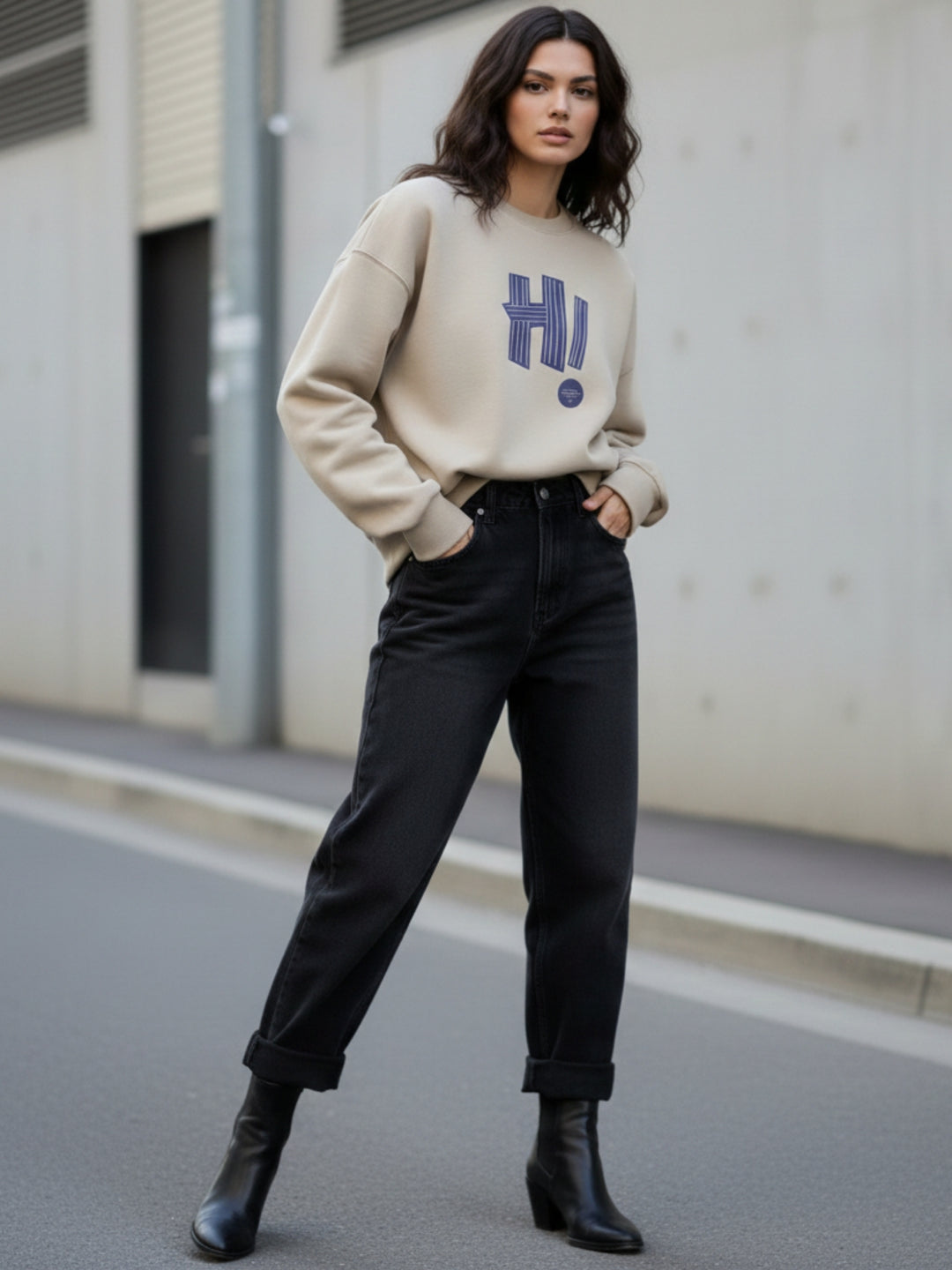 Beige Graphic Oversized Sweatshirt