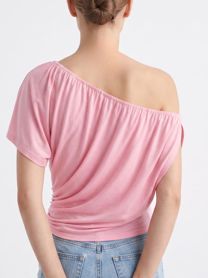 Pink One Shoulder Draped Fitted Top