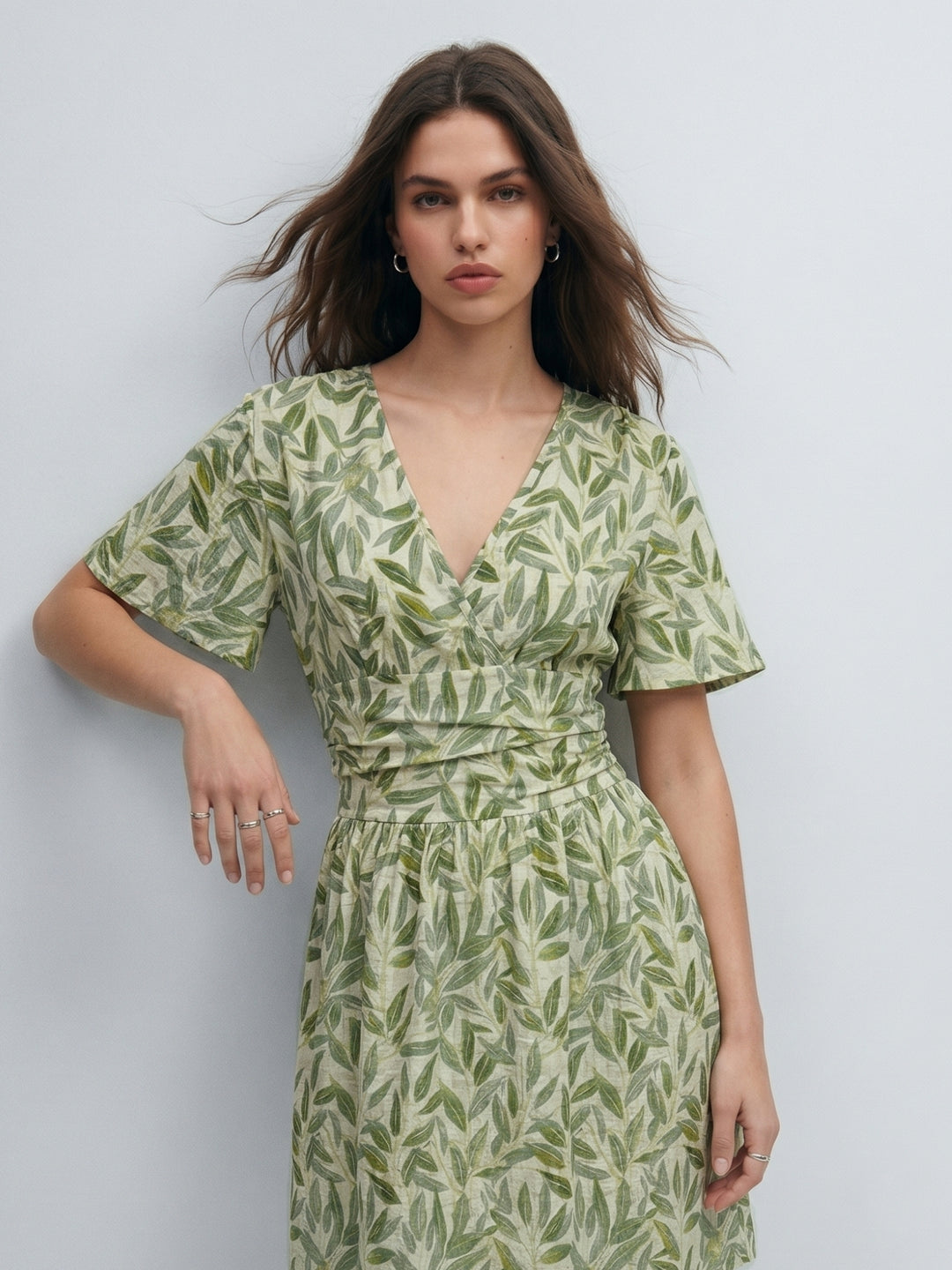 Green Flare Sleeve Printed Dress