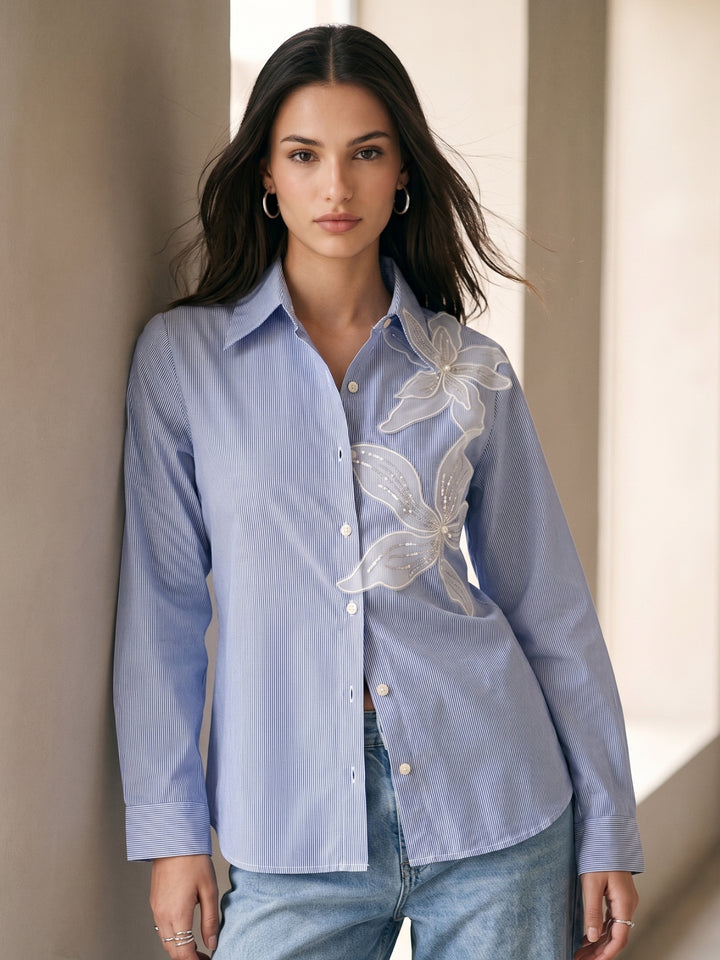 Blue Embroidered Stripe Blue Shirt