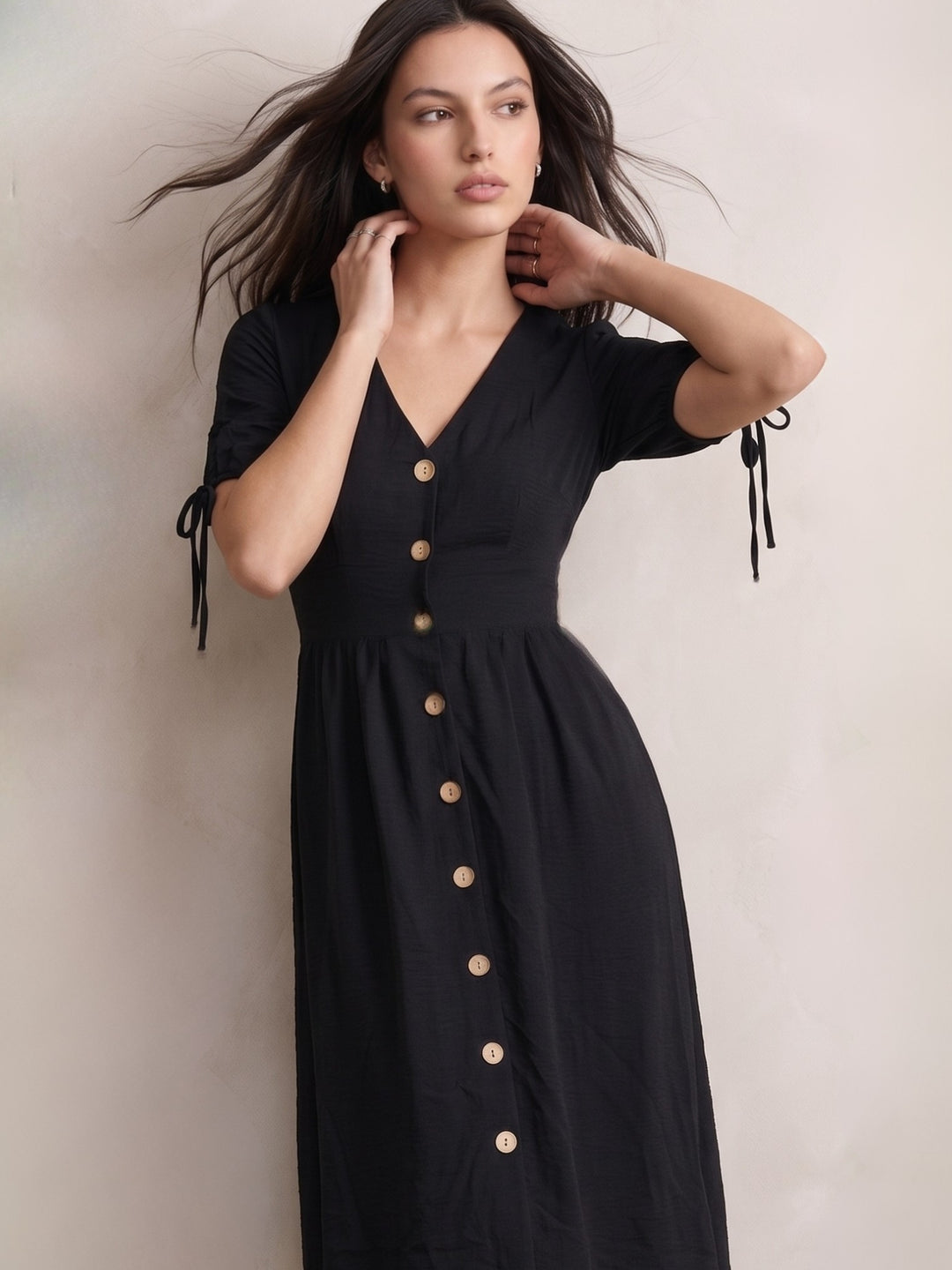 Black Short Sleeve Tie-Up Front Buttoned Dress