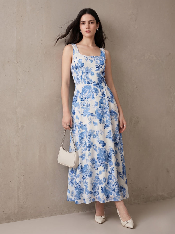 Blue Maxi Length Printed Dress In Jacquard Satin Fabric