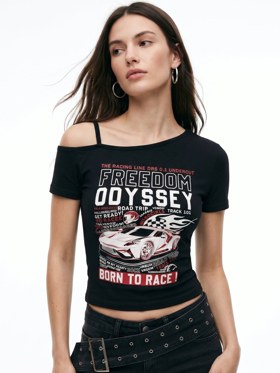 Black Cold Shoulder One Side Strappy Fitted Graphic T-Shirt