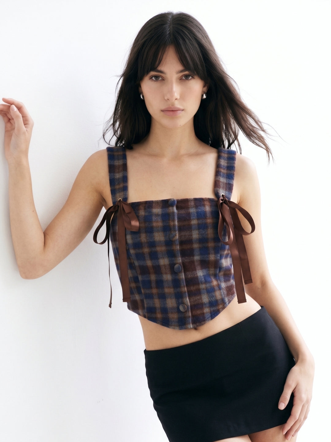Multi Plaid Patterned Blouse With Tie Up Details