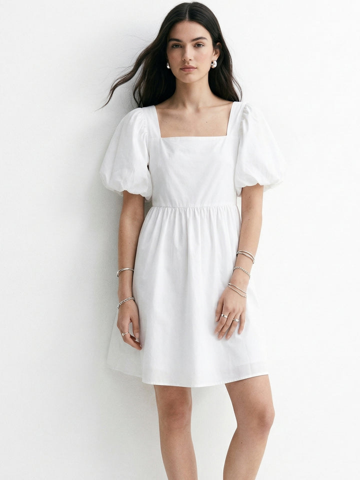 White Square Neck Puff Sleevees Mini Dress