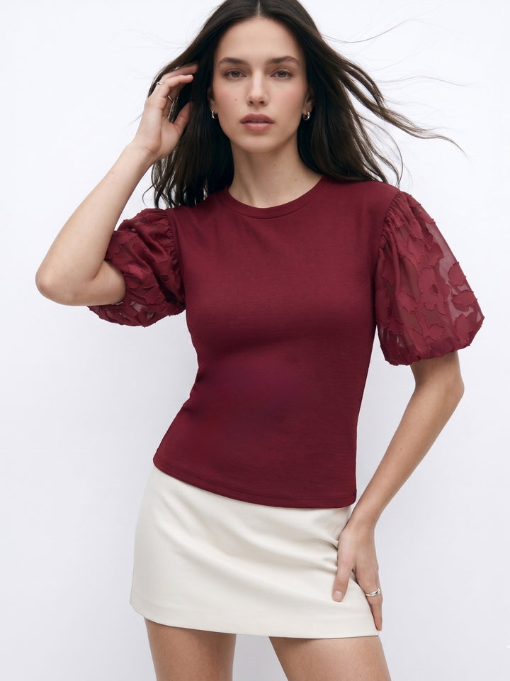 Maroon Puff Textured Sleeved Top