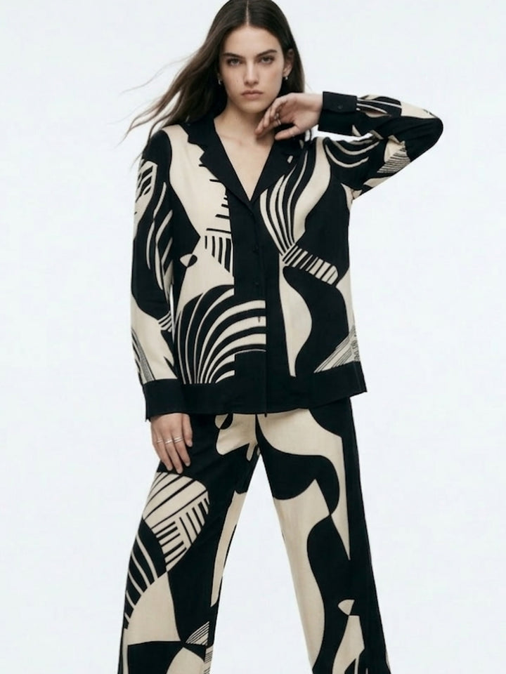 Black Abstract Print Shirt And Trouser Co-Ord Set