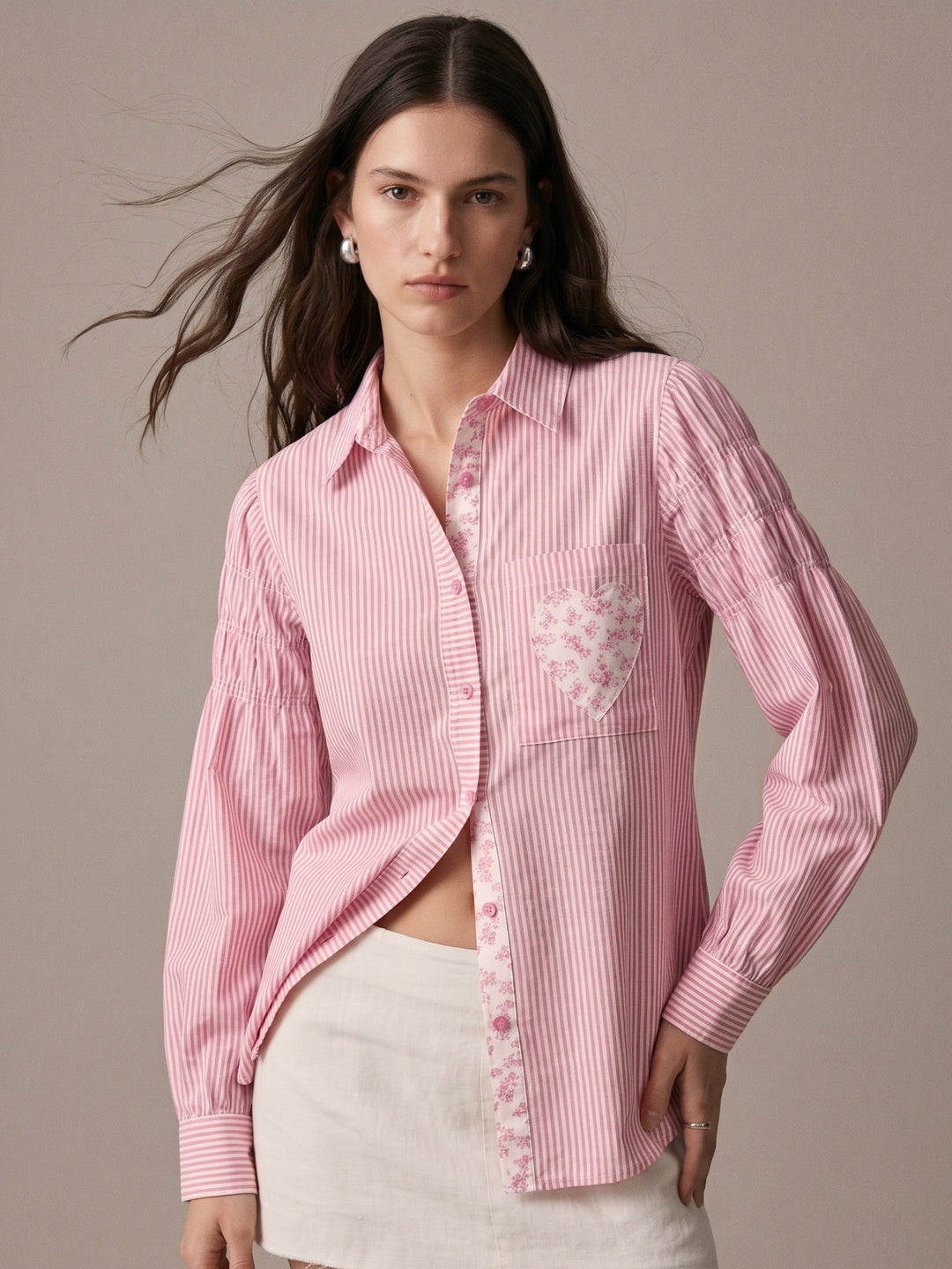 Pink Stripe Heart Appliqued Causal Shirt