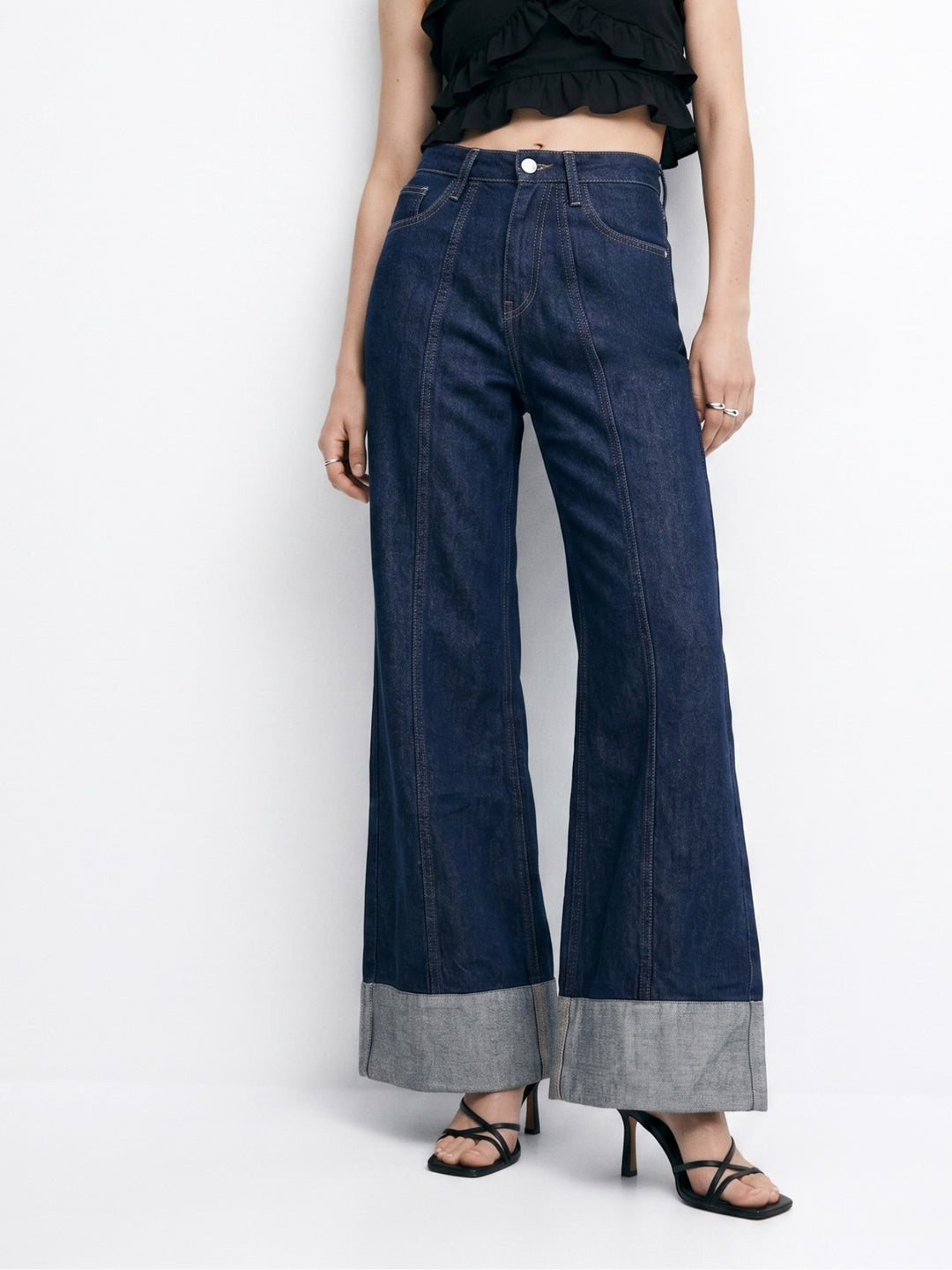 Dark Blue Folded Hem Wide Leg Jeans