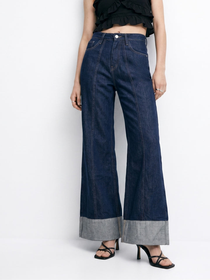 Dark Blue Folded Hem Wide Leg Jeans