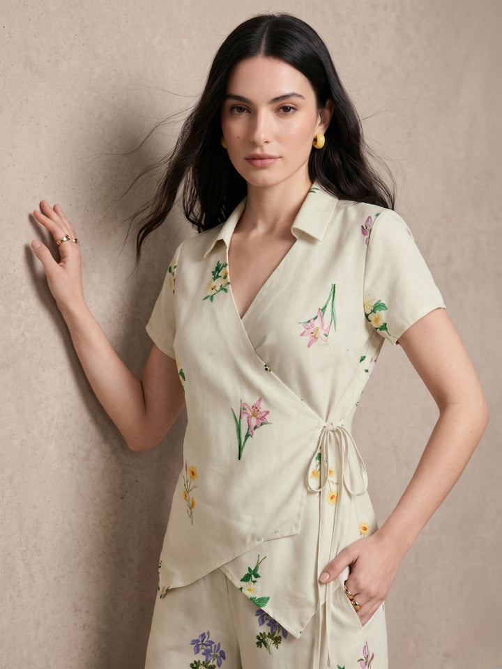 White Printed Wrap Top Co-ord And Wide Leg Trouser With Lace Trim