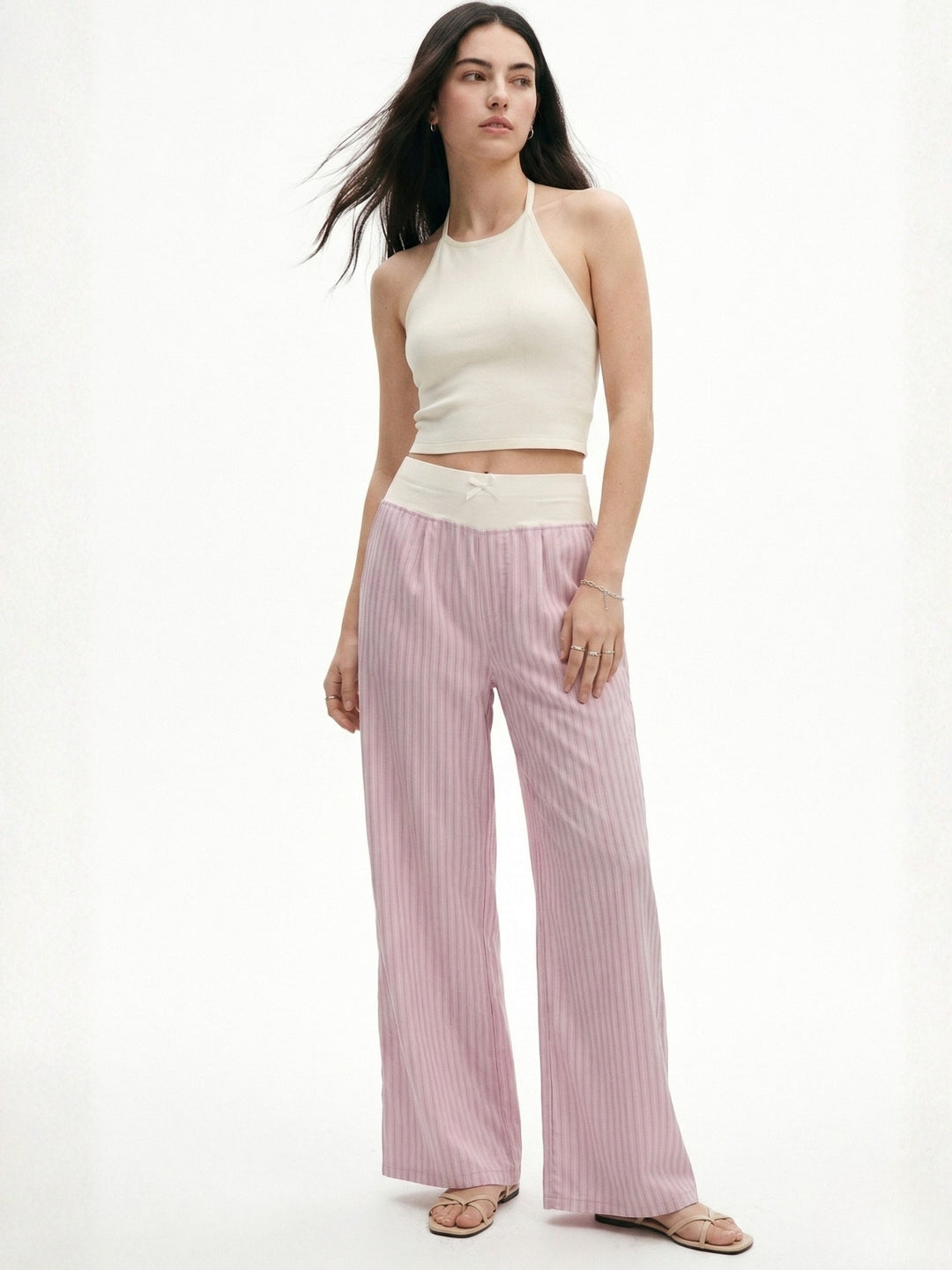 Pink Contrast Waist Band Striped Pant