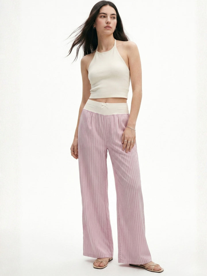 Pink Contrast Waist Band Striped Pant