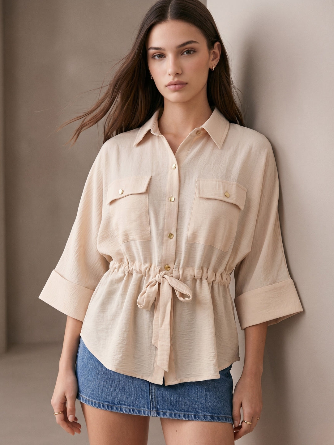 Off White Drawstring Waist Button Down Top