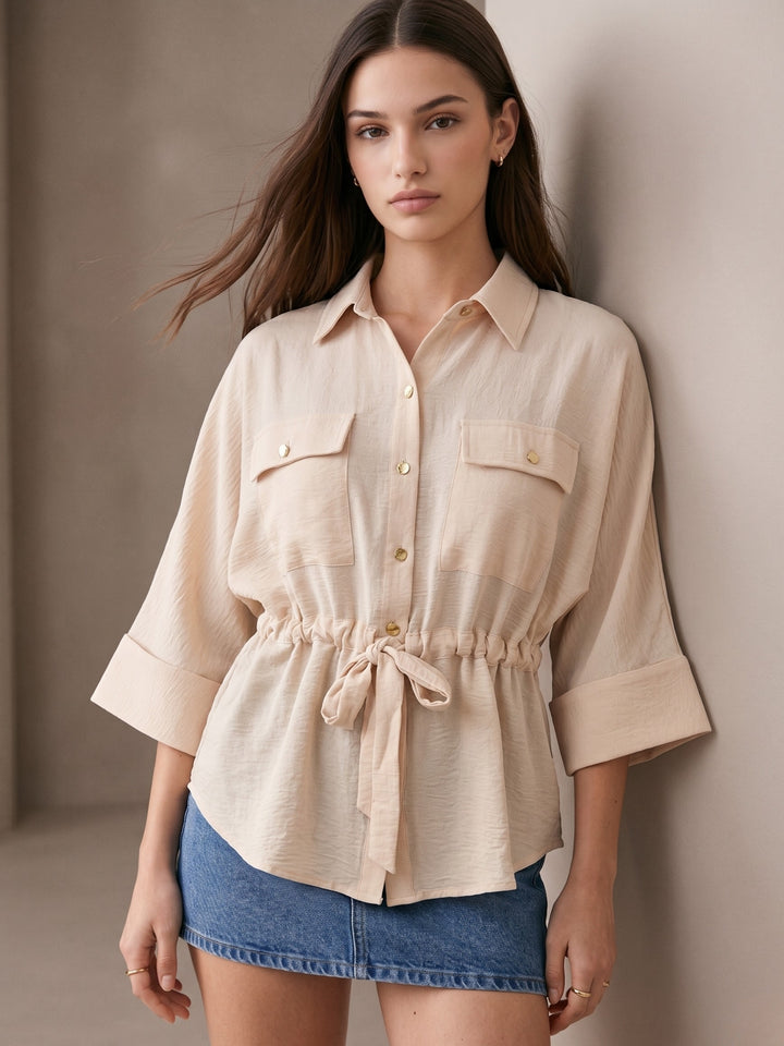 Off White Drawstring Waist Button Down Top
