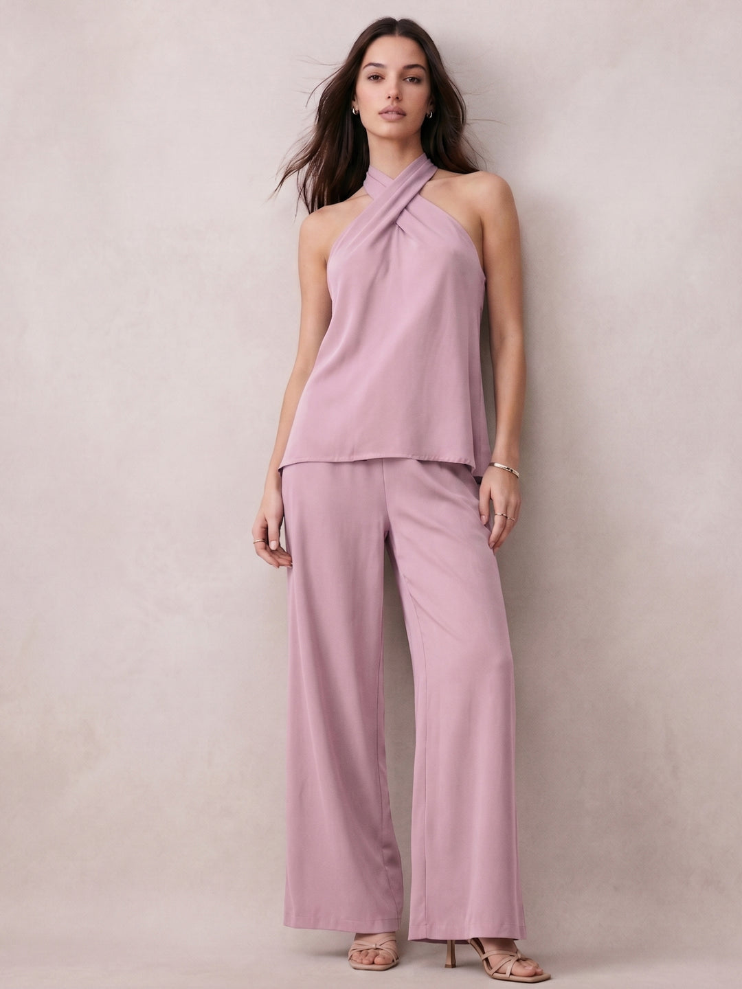 Pink Cross Halter Neck Top And Pant Set