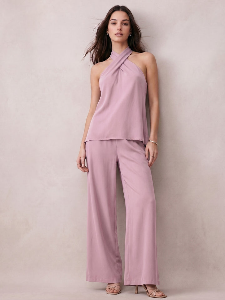 Pink Cross Halter Neck Top And Pant Set
