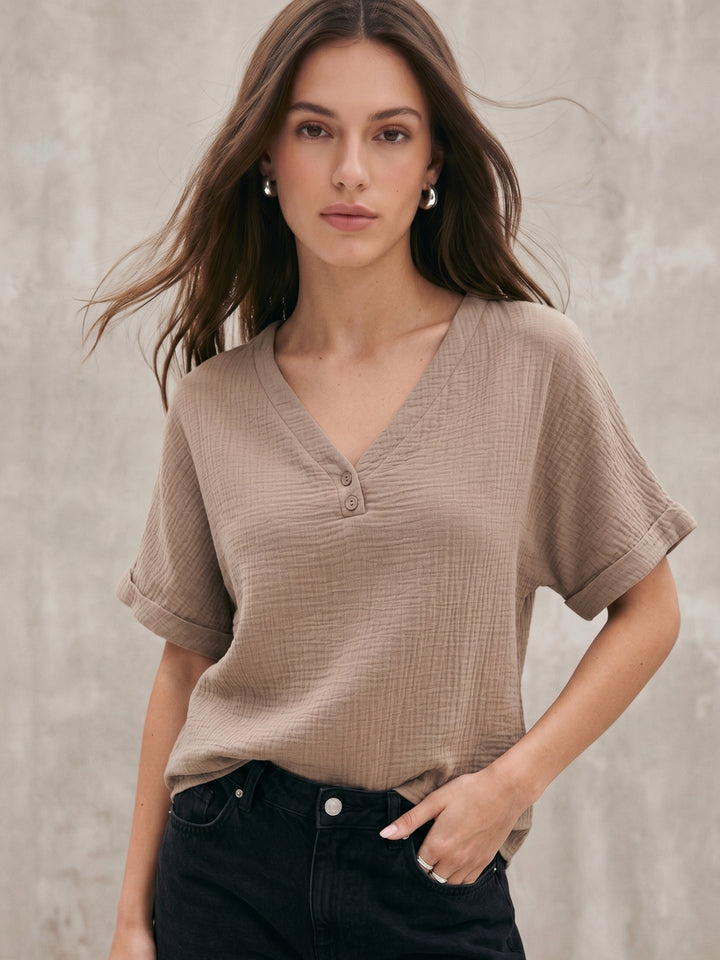 Brown Textured V Neck Top
