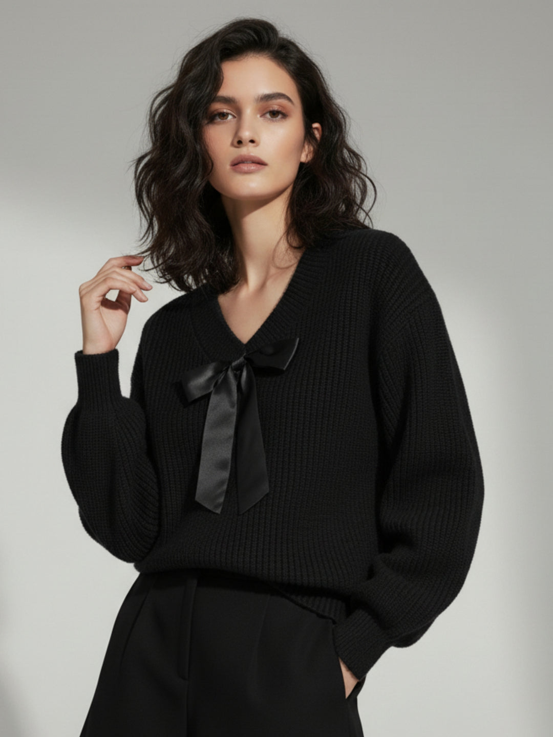 Black Full Sleeve V Neck Front Bow Sweater