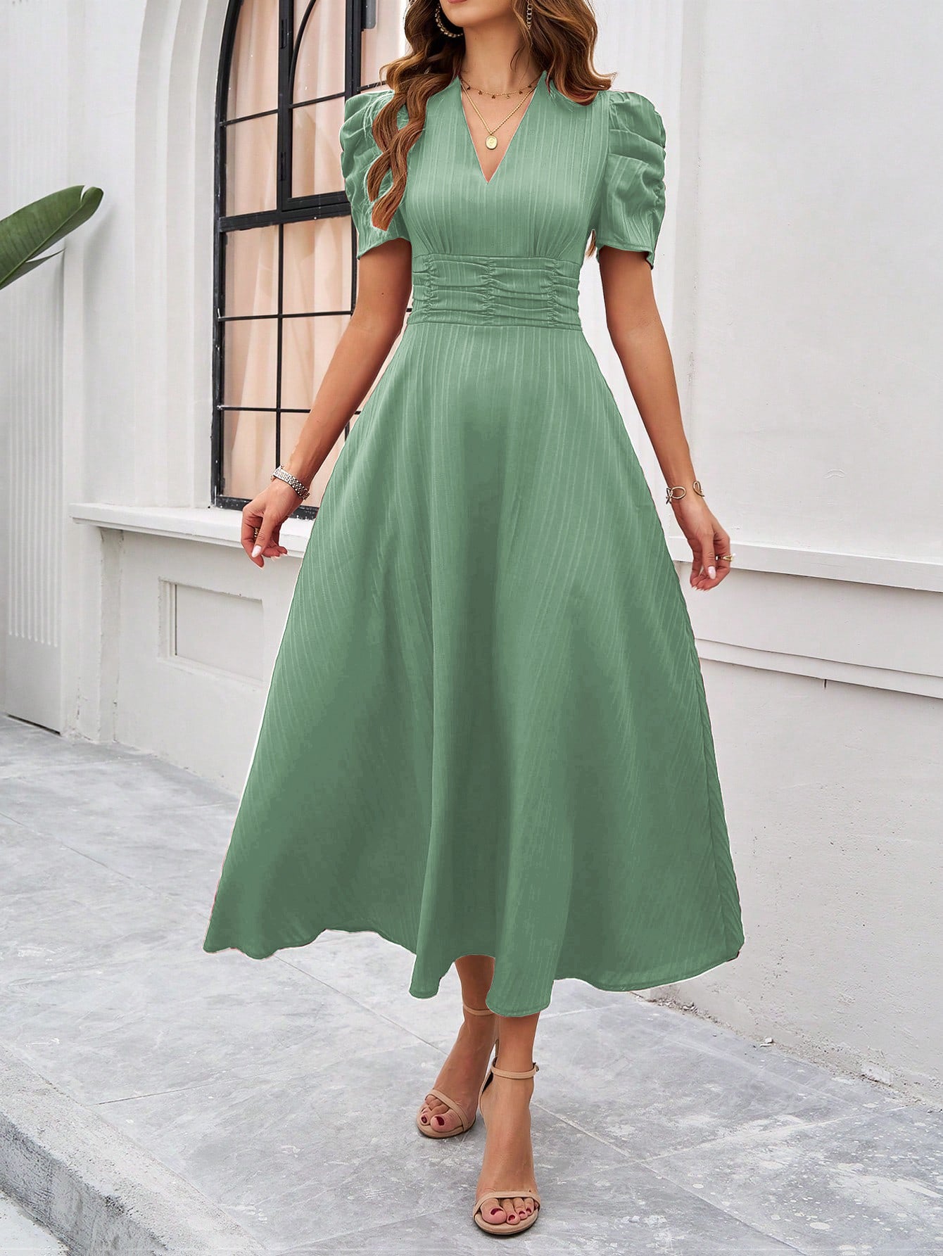 Sea Green Fit And Flare Midi Dress