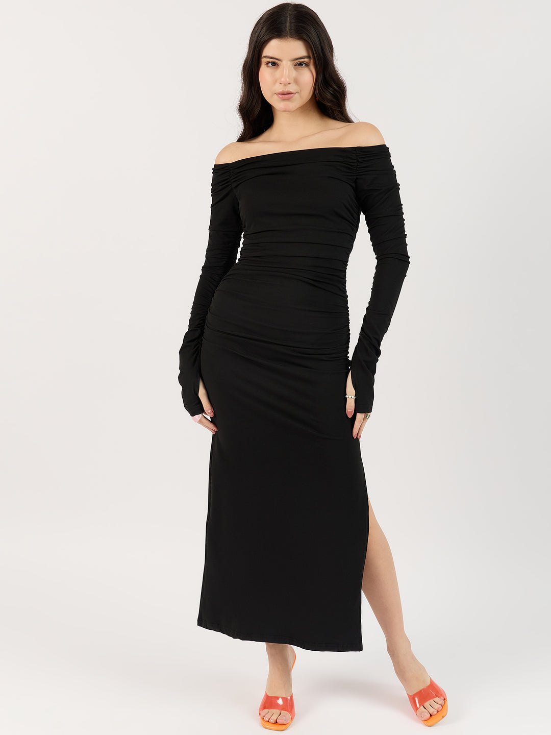 Black Off-Shoulder Ruched Dress